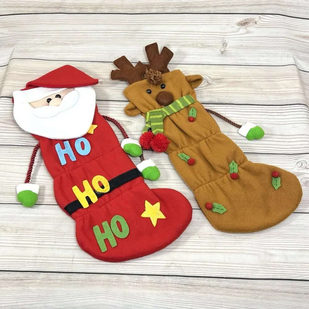 2x VTG Felt 3D Santa & Reindeer Christmas Stockings Handmade Holiday Hobby Lobby